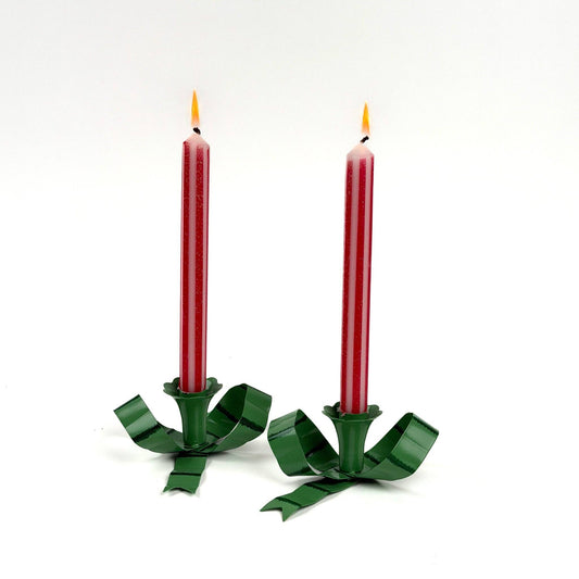 Hand-Painted Tole Metal Green Bow Candle Holders, Set of 2