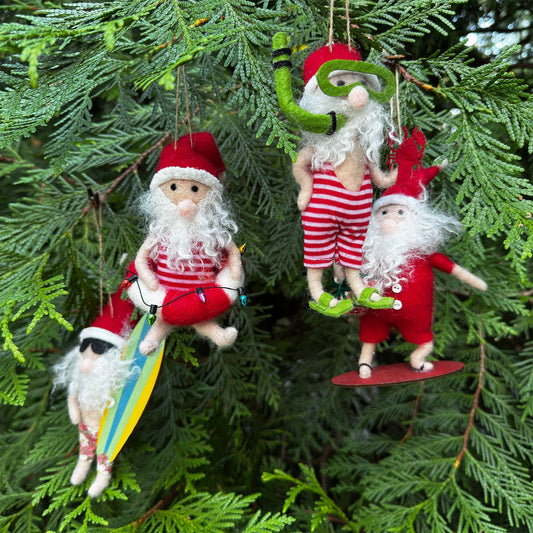 Felt Surfing Santa Ornaments - Assorted Set of 8