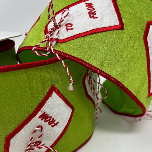 Green Faux Dupioni Ribbon w/ Red and White Christmas Tags 4"