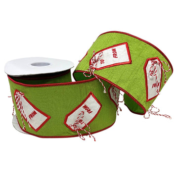 Green Faux Dupioni Ribbon w/ Red and White Christmas Tags 4"