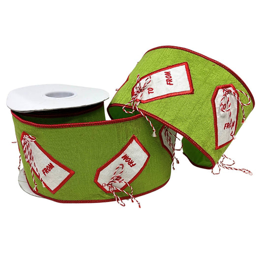 Green Faux Dupioni Ribbon w/ Red and White Christmas Tags 4"