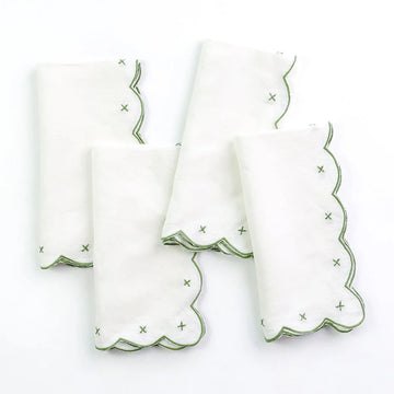 Scalloped Knot Green Embroidered Linen Napkin | Set of 4