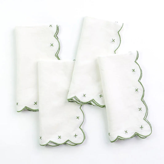 Scalloped Knot Green Embroidered Linen Napkin | Set of 4