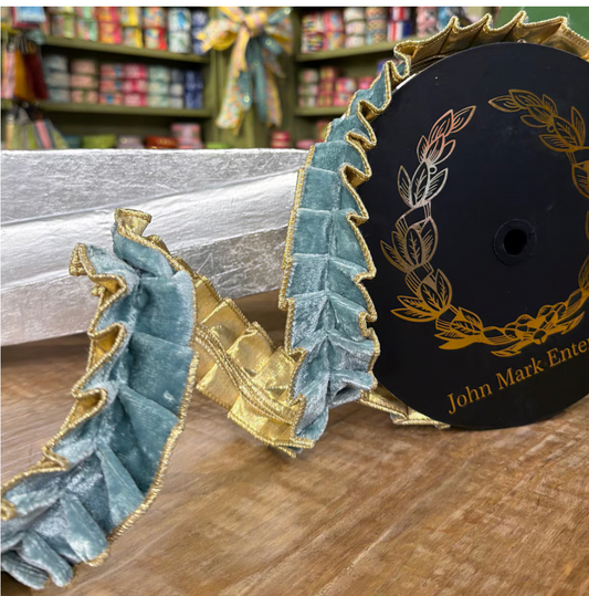 Dusty Blue &amp; Gold Ruffled Velvet Ribbon