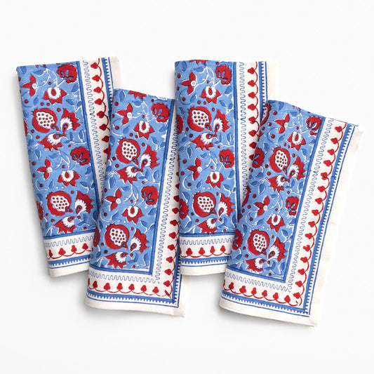 Pomegranate Fan Flower Blue & Red Napkin S/4