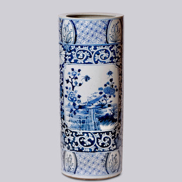 Large Blue and White Cartouche Porcelain Umbrella Stand