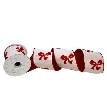 Red Bow Embroidery On White Dupioni Ribbon 4" x 10yd