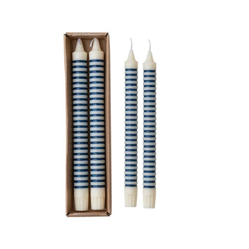S/2 Striped Tapered Candle in Box, Blue