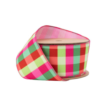 2 1/2" Velvet Ribbon | Fluorescent Pink/Green Plaid W/ | Pink Stripe Backing | 10 Yard Roll