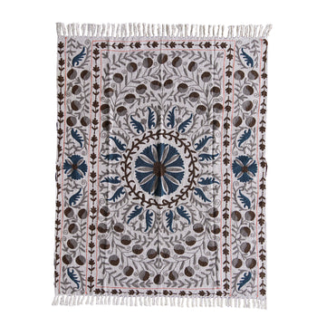 Handloom Slub Cotton Throw with Suzani Embroidery