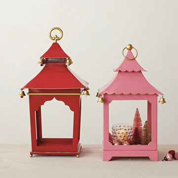 Metal Lantern with Bells And Handle, Red