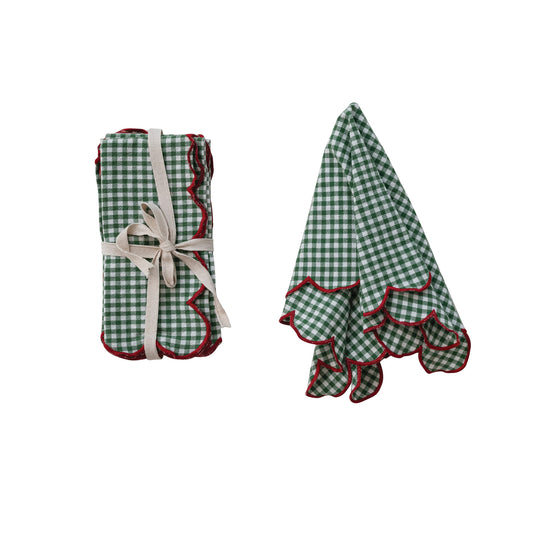 Cotton Scalloped Napkins and Contrasting Stitched Edge, Set of 4